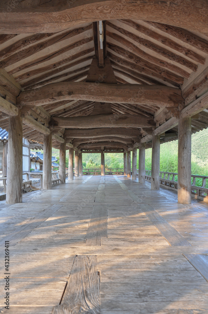 Korean Confucian Academy from Joseon Dynasty era. View of pavilion wooden structure. Byeongsan Seowon, Andong, South Korea.