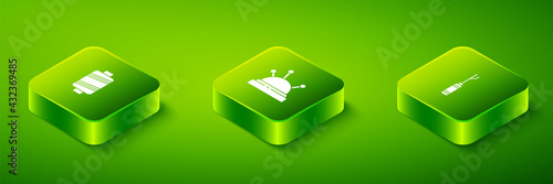 Set Isometric Needle bed and needles, Awl tool and Sewing thread icon. Vector