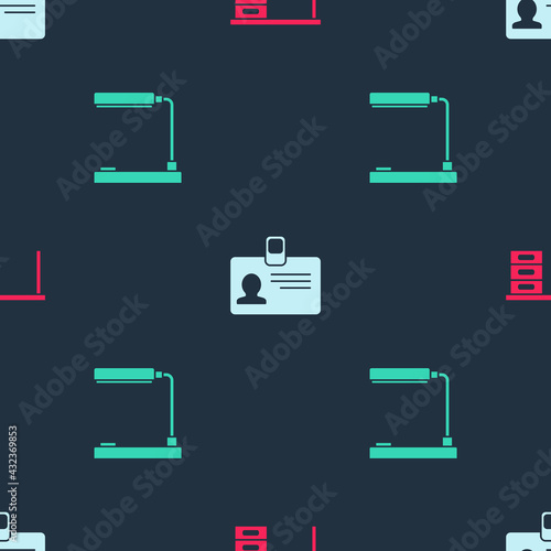 Set Office desk, Identification badge and Table lamp on seamless pattern. Vector