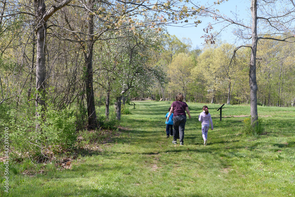 A woman and two kids walking taken from behind. A woman and two kids walking taken from behind.