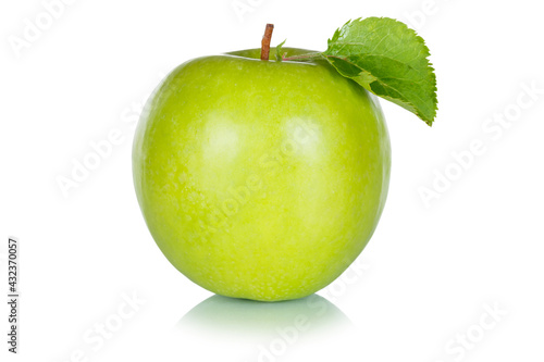 Green apple fruit with leaf isolated on a white background