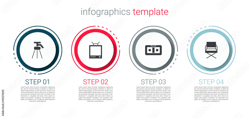 Set Tripod, Retro tv, VHS video cassette tape and Director movie chair. Business infographic template. Vector