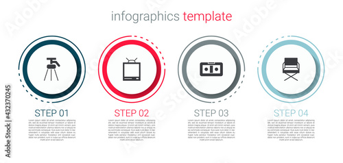 Set Tripod, Retro tv, VHS video cassette tape and Director movie chair. Business infographic template. Vector