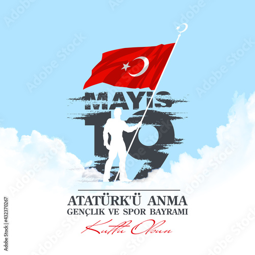 Turkish national holiday illustration banner 19 mayis Ataturk'u Anma, Genclik ve Spor Bayrami, tr: 19 may Commemoration Ataturk, Youth and Sports Day, isolated on White design Turkish holiday card