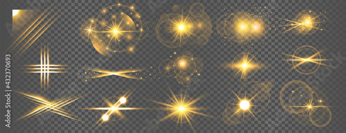 golden transparent light flare and sparkles big set