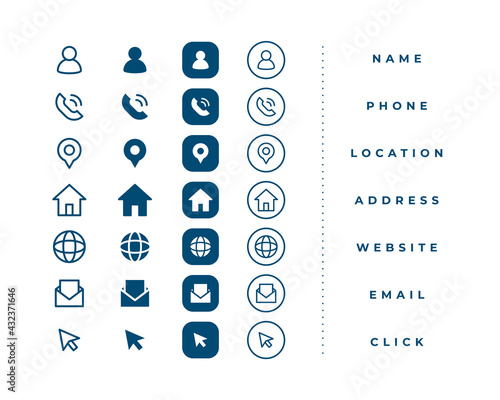 business card icons set for contact information