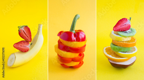 Collage of pyramid of chopped fruit and vegetable in balance on the yellow background. Close-up.