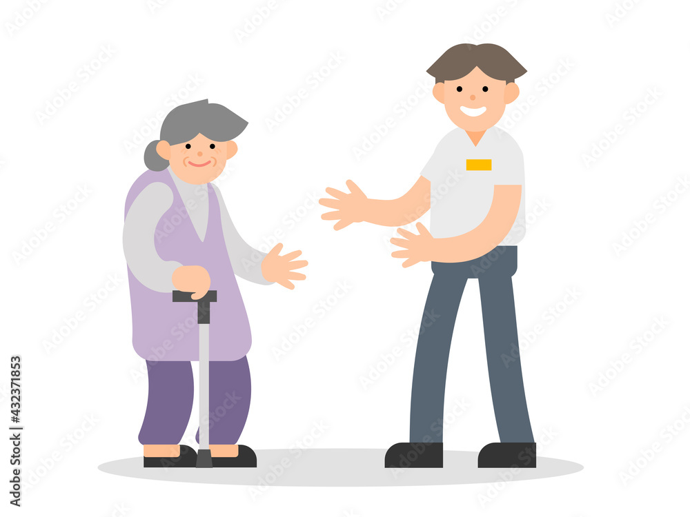 Senior female with careful man. Young volunteer caring for elderly woman. Flat Vector illustrationin minimal style. Senior female with careful man. Young volunteer caring for elderly woman. Flat Vector illustrationin minimal style.
