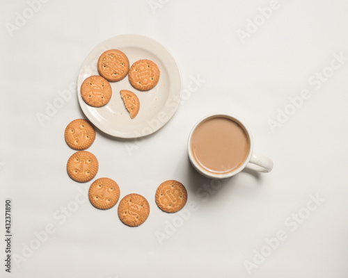 flat lay coffee with cookies in white background