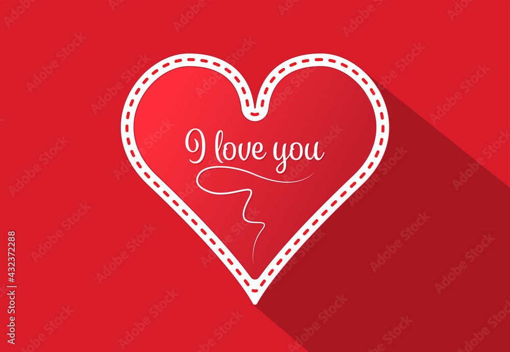 Red heart flat design with white border on red background with text. I love you concept design heart to use for wedding cards, invitations, valentine's day and mother's day projects.