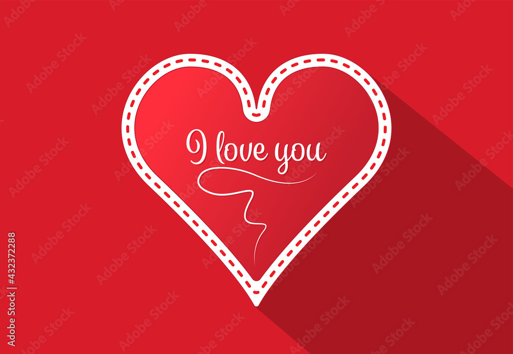 Red heart flat design with white border on red background with text. I love you concept design heart to use for wedding cards, invitations, valentine's day and mother's day projects. Red heart flat design with white border on red background with text. I love you concept design heart to use for wedding cards, invitations, valentine's day and mother's day projects.