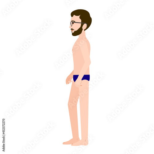 Man without clothes is standing sideways. Vector image of a man in swimming trunks for animation. Editable strokes. All details on separate layers with names