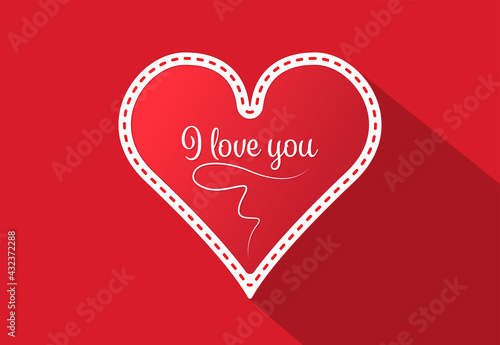 Red heart flat design with white border on red background with text. I love you concept design heart to use for wedding cards  invitations  valentine s day and mother s day projects.