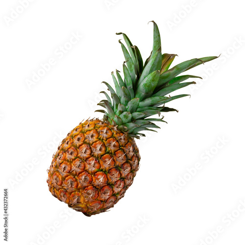 Pineapple isolated. One whole ripe pineapple with green leaves isolated on white background.