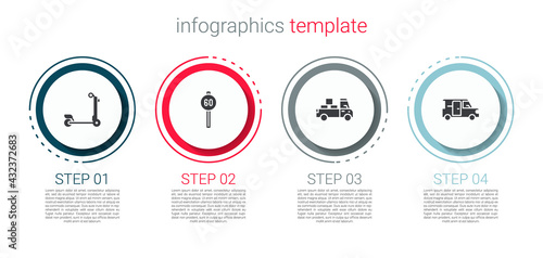 Set Scooter, Speed limit traffic, Delivery truck and Minibus. Business infographic template. Vector