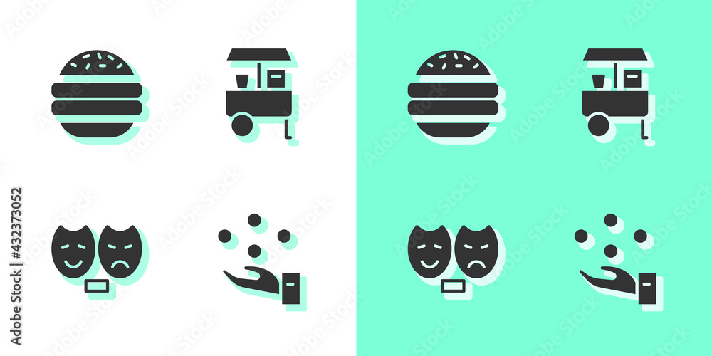 Set Juggling ball, Burger, Comedy and tragedy masks and Fast street food cart icon. Vector