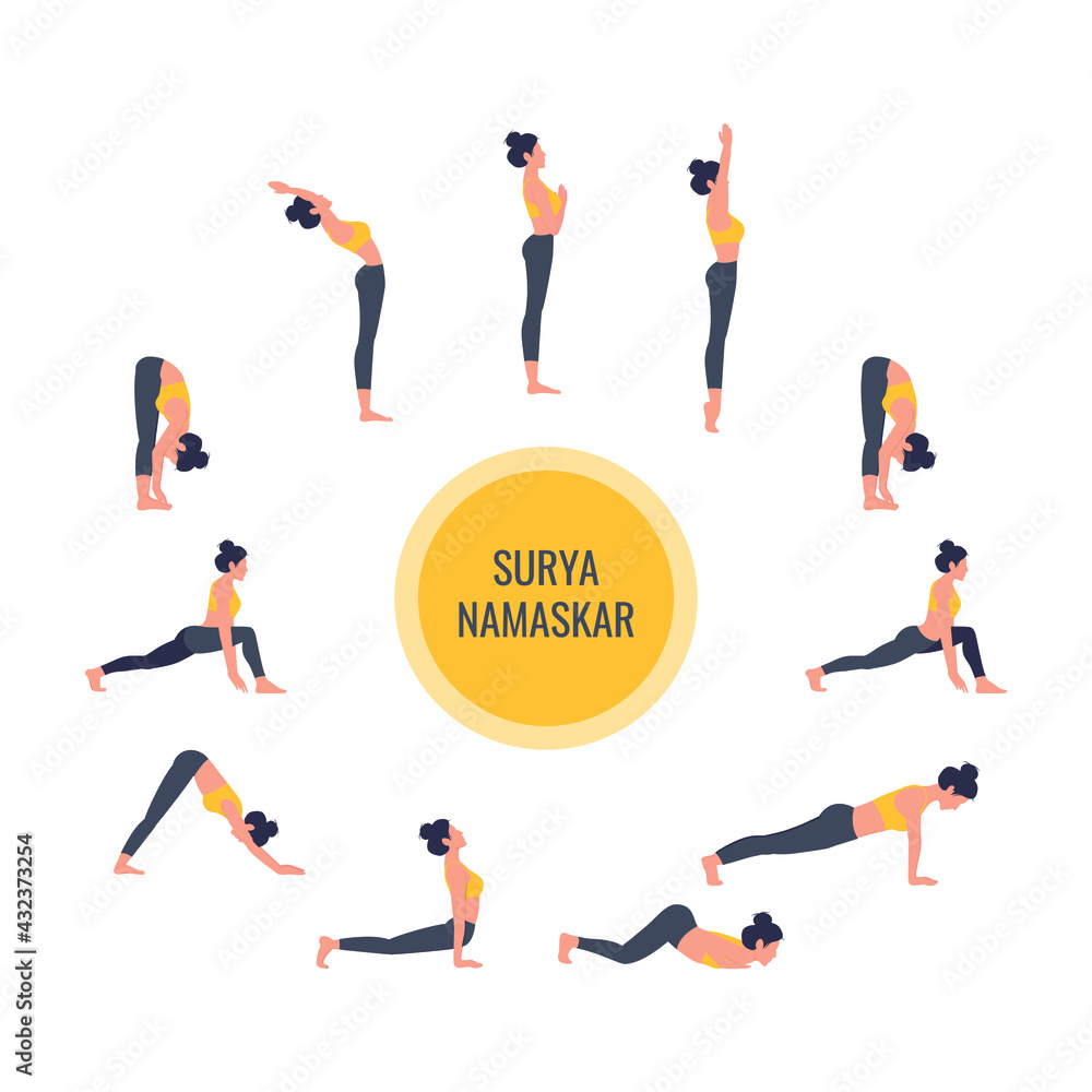 Woman practice yoga surya namaskar. Sun salutation vector illustration