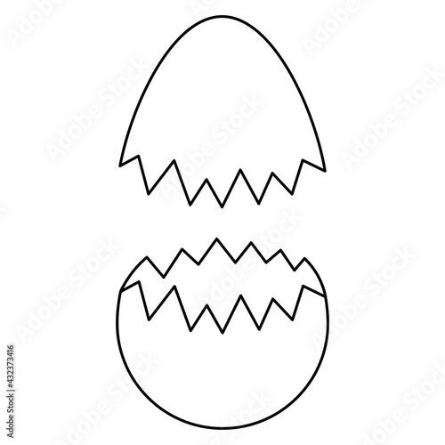 Cracked eggshell. Sketch. Two shells from a chicken egg. Vector illustration. Coloring book for children. Eggshell shards. Zigzag edge. Doodle style. Isolated white background. Idea for web design.