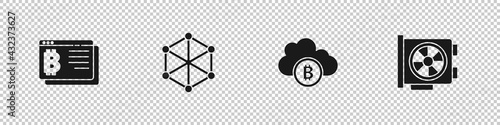Set Bitcoin in browser, Blockchain technology, Cryptocurrency cloud mining and Video graphic card icon. Vector