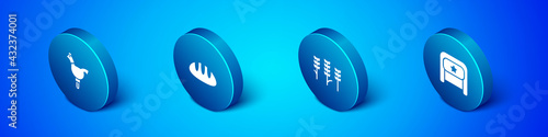 Set Isometric Cockerel lollipop, Wheat, Ushanka and Bread loaf icon. Vector