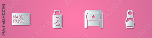 Set paper cut Made in Russia, Pickled cucumbers jar, Ushanka and Russian doll matryoshka icon. Paper art style. Vector