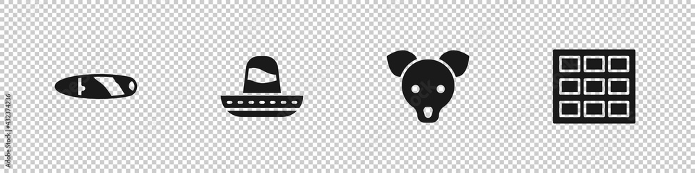 Set Cigar, Mexican sombrero, Dog and Chocolate bar icon. Vector Set Cigar, Mexican sombrero, Dog and Chocolate bar icon. Vector