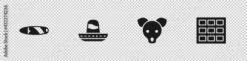 Set Cigar, Mexican sombrero, Dog and Chocolate bar icon. Vector