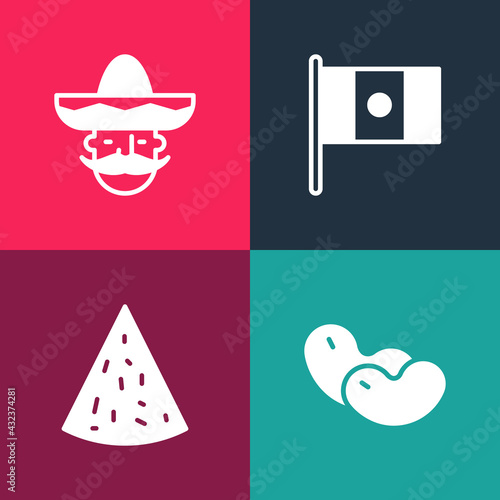 Set pop art Beans, Nachos, Mexico flag and Mexican man sombrero icon. Vector