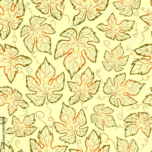 Autumn seamless pattern with gradient grape leaves on a green surface. Repetitive and symmetric background with mapple and vine leaf. Botanical texture with curled plants.