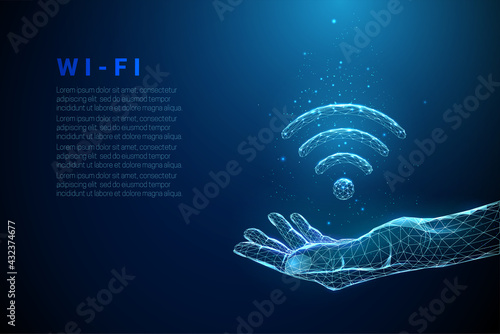 Abstract blue giving hand with wi-fi symbol