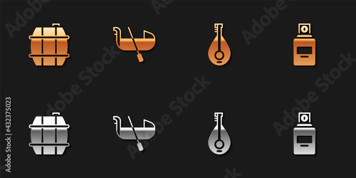 Set Barrel for wine, Gondola, Mandolin and Perfume icon. Vector