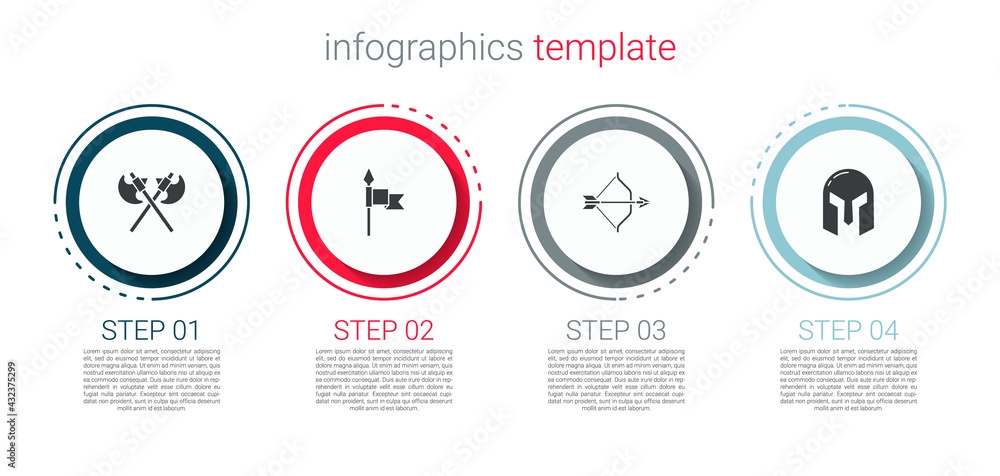 Set Crossed medieval axes, Medieval spear, bow and arrow and iron helmet. Business infographic template. Vector Set Crossed medieval axes, Medieval spear, bow and arrow and iron helmet. Business infographic template. Vector