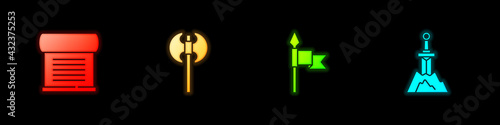 Set Decree, parchment, scroll, Medieval axe, spear and Sword in the stone icon. Vector
