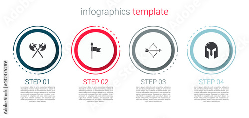 Set Crossed medieval axes, Medieval spear, bow and arrow and iron helmet. Business infographic template. Vector