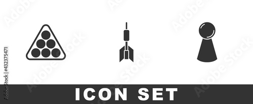 Set Billiard balls in triangle, Dart arrow and Chip for board game icon. Vector
