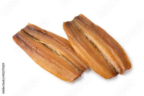 Pair of Kippers, fillet smoked herring,  isolated on white background  photo