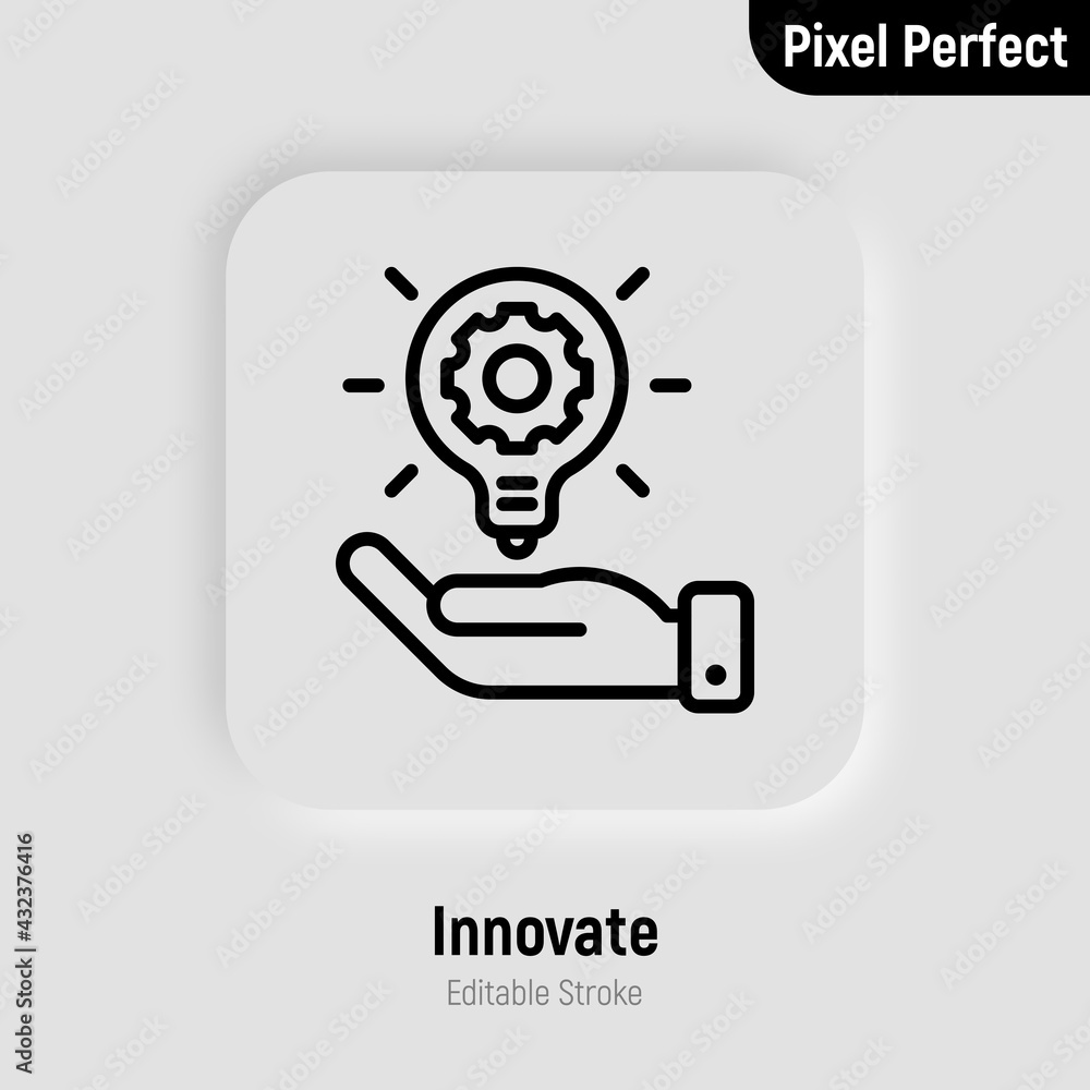 Innovation: lightbulb with cogwheel in human hand. Thin line icon. Pixel perfect, editable stroke. Vector illustration. Innovation: lightbulb with cogwheel in human hand. Thin line icon. Pixel perfect, editable stroke. Vector illustration.
