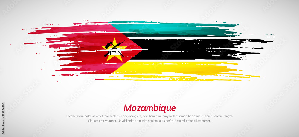 Artistic grungy watercolor brush flag of Mozambique country. Happy independence day background