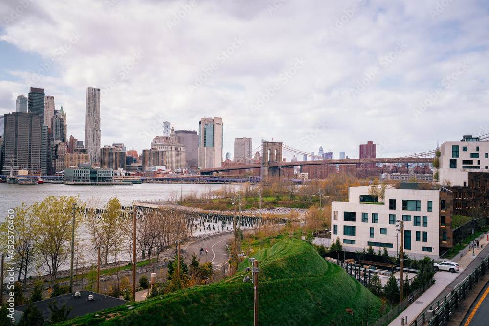 view of the city from the river panorama Brooklyn bridge New York usa 