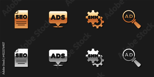 Set SEO optimization, Advertising, Social media marketing and icon. Vector