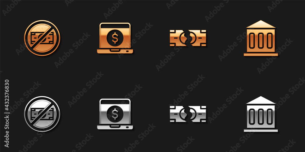 Set No money, Laptop with dollar, Tearing banknote and Bank building icon. Vector Set No money, Laptop with dollar, Tearing banknote and Bank building icon. Vector
