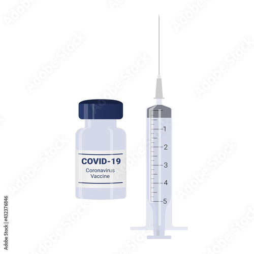 Covid19 coronavirus vaccine bottles and syringe injection. Flat illustration