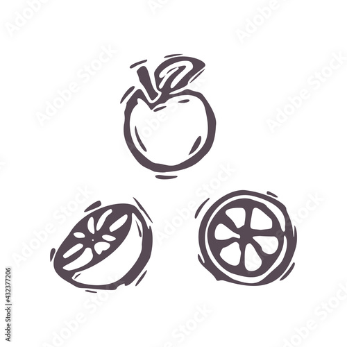 Hand carved bold block print orange fruit icon clip art. Folk illustration design element. Modern boho decorative linocut. Ethnic muted natural tones. Isolated rustic vector motif. 