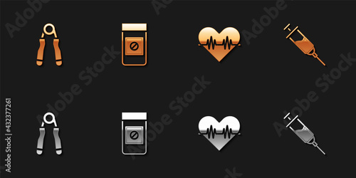 Set Sport expander, Anabolic drugs, Heart rate and Doping syringe icon. Vector