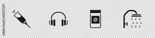 Set Doping syringe, Headphones, Anabolic drugs and Shower head icon. Vector