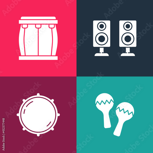 Set pop art Maracas, Dial knob level, Stereo speaker and Drum icon. Vector
