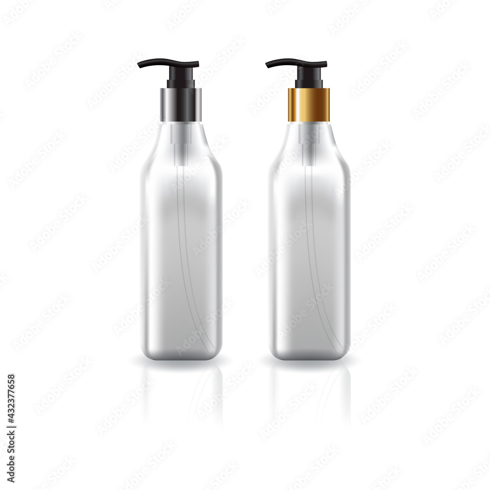 Blank clear square cosmetic bottle with silver-gold pump head for beauty or healthy product. Blank clear square cosmetic bottle with silver-gold pump head for beauty or healthy product.
