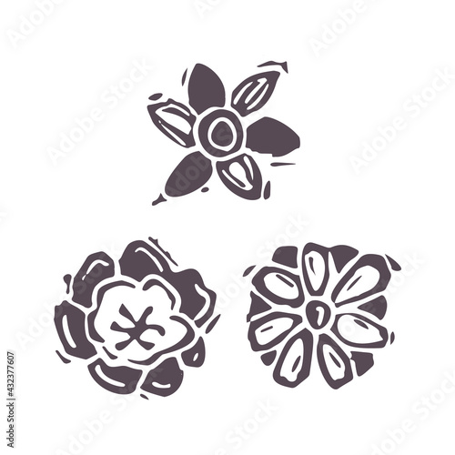 Hand carved bold block print flower icon clip art. Folk illustration design element. Modern boho decorative linocut. Ethnic muted natural tones. Isolated rustic vector motif. 
