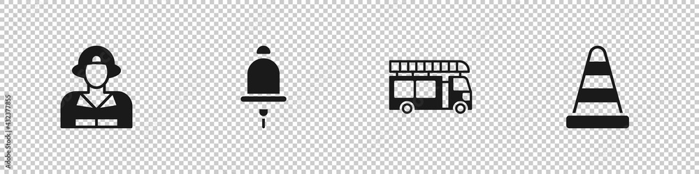 Set Firefighter, Ringing alarm bell, truck and Traffic cone icon. Vector Set Firefighter, Ringing alarm bell, truck and Traffic cone icon. Vector