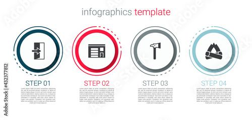 Set Fire exit, Building of fire station, Firefighter axe and Campfire. Business infographic template. Vector